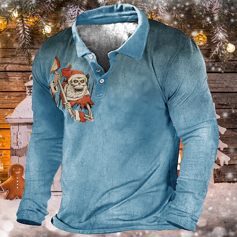 Men's Christmas Print Long Sleeve Button-Down Casual Sweatshirt