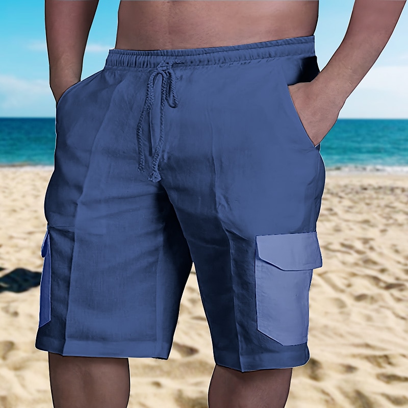 Men's Shorts Linen Shorts Summer Shorts Beach Shorts Drawstring Elastic Waist Multi Pocket Color Block Comfort Breathable Short Casual Daily Holiday Linen / Cotton Blend Fashion Classic Style Black