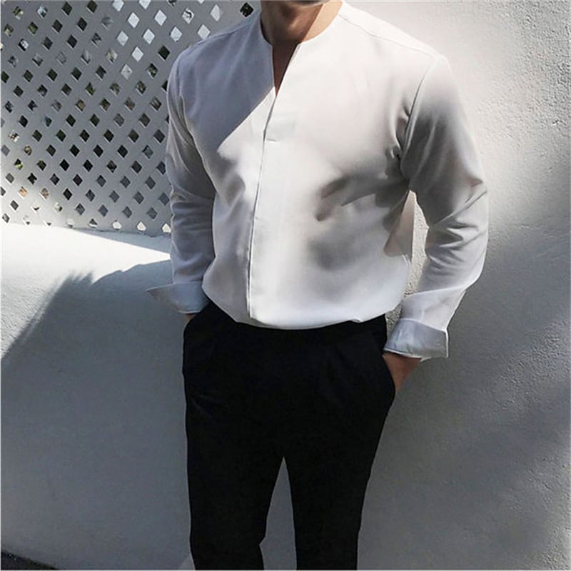 Men's Shirt Solid Color V Neck White Outdoor Street Long Sleeve Clothing Apparel Fashion Casual Breathable Comfortable
