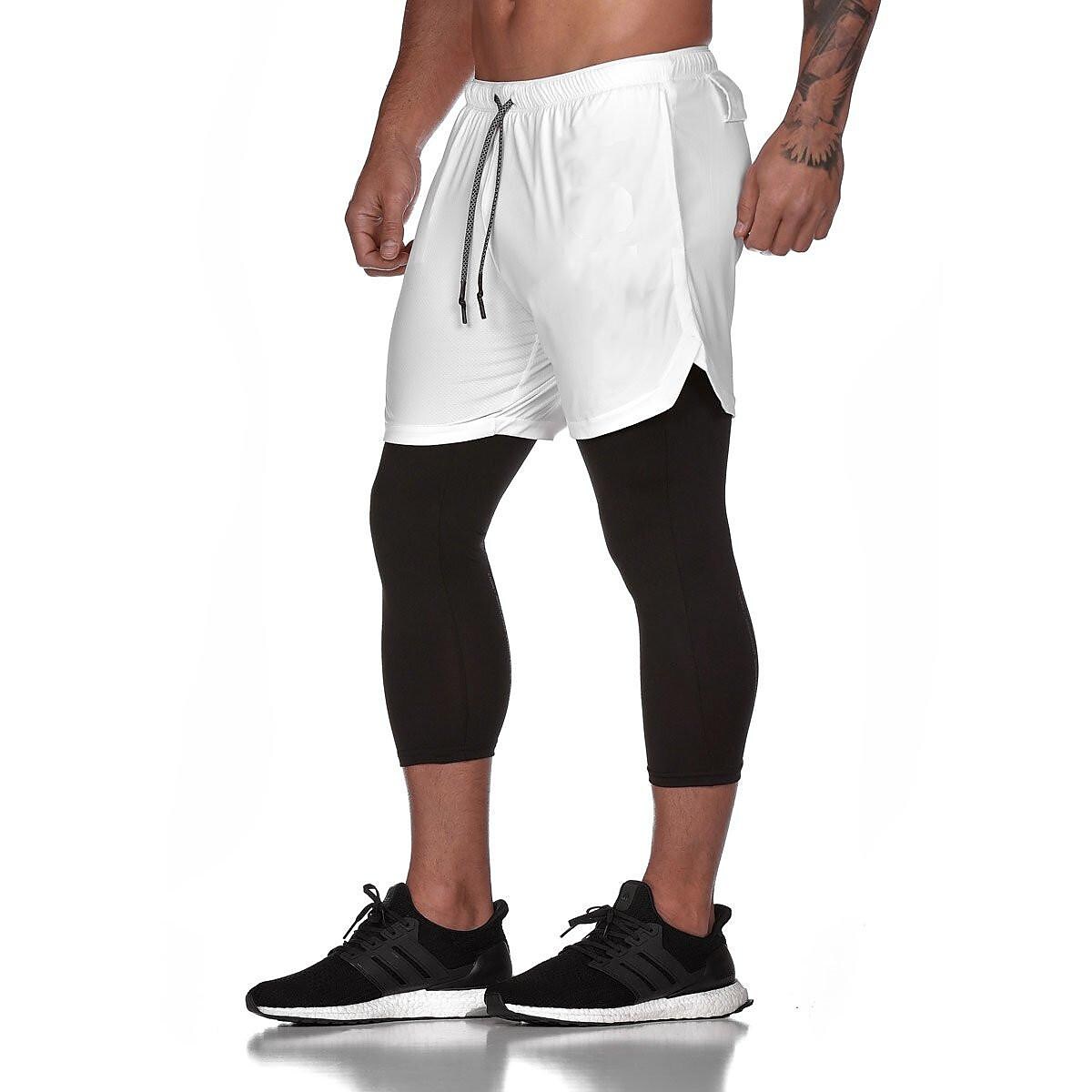 Men's Running Shorts With Tights Compression 3/4 Pants Drawstring Towe