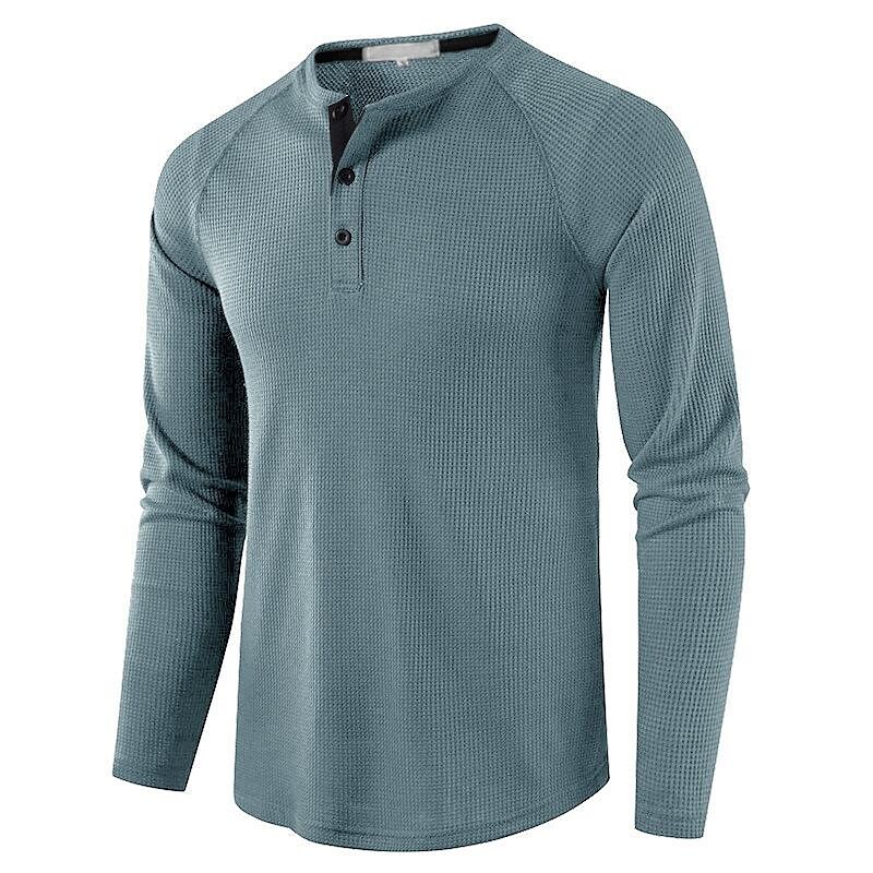 Men's Casual Solid Color Long Sleeve Round Neck Button Henley Shirt