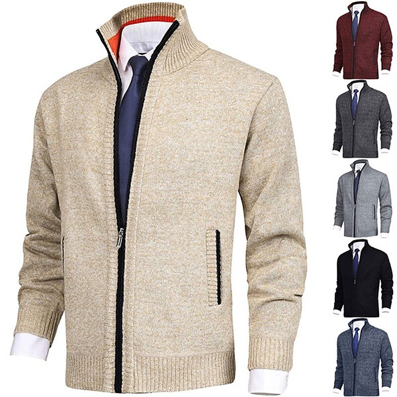 Men's Sweater Cardigan Sweater Zip Sweater Ribbed Knit Zipper Pocket Solid Color Stand Collar Warm Jacket