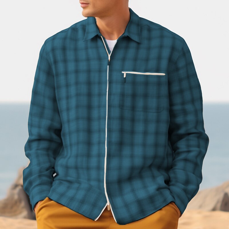 Men's Casual Shirt Long Sleeve Plaid / Check Lapel Daily Vacation Zipper Casual Comfortable Shirt 
