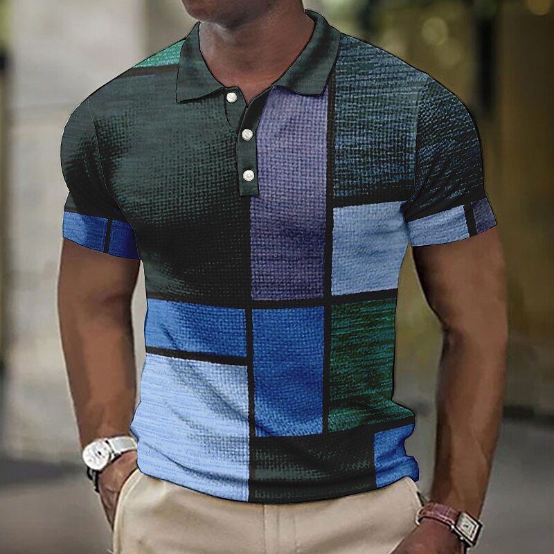 [Deal]Men's Waffle Polo Shirt Button Up Polos Lapel Polo Polo Shirt Golf Shirt Plaid Graphic Prints Geometry Turndown Outdoor Street Short