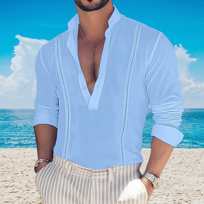 Men's Linen Shirt Button Up Summer Beach Shirt Long Sleeve Color Block Standing Collar Spring & Summer Casual Daily Top