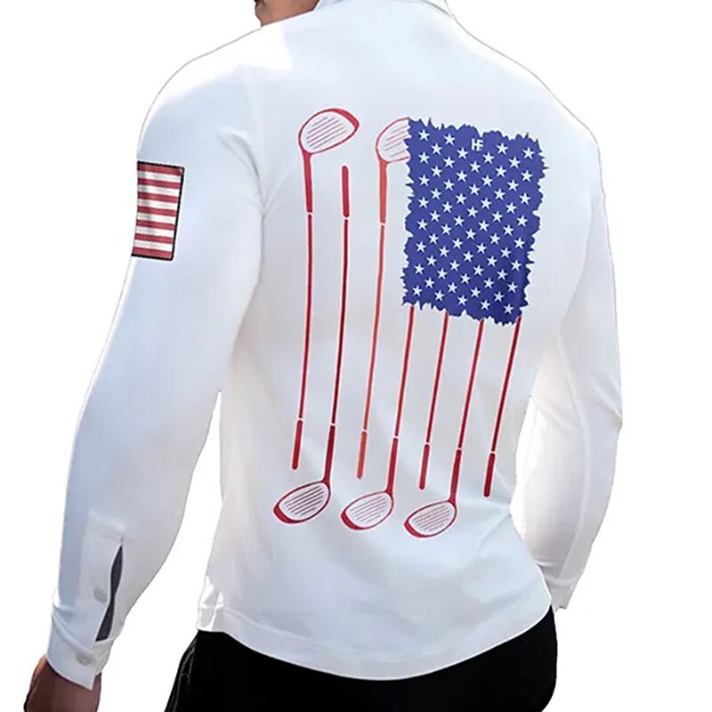 Men's Golf Shirt Polo Sports Fitness V Neck Classic Long Sleeve National Flag Muscle Flag Fashion Print Golf Shirt