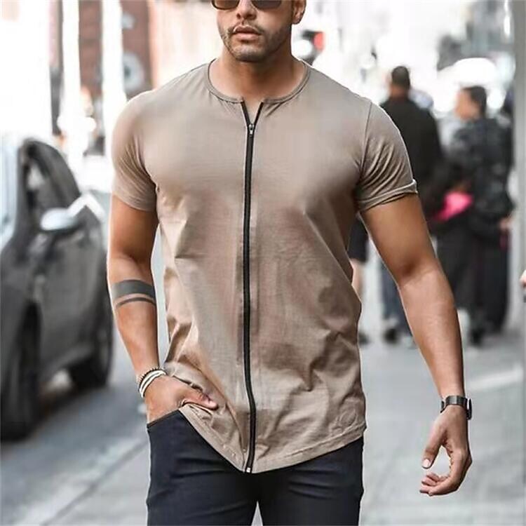 Men's T shirt Tee Plain Round Neck Normal Casual Short Sleeve Zipper Clothing Apparel Basic Casual