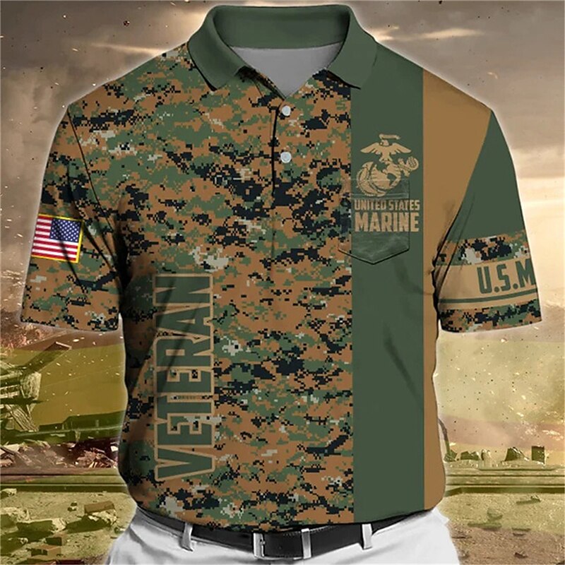 Men's Button Up Polo Shirt  Graphic Prints Camo / Camouflage Veterans Turndown Outdoor Street Short Sleeves Print Sports Golf Shirt