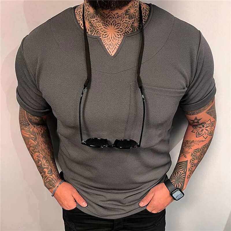 Men's T shirt Tee Tee Top Plain V Neck Street Vacation Short Sleeves Front Pocket Clothing Apparel Fashion Designer Basic Top