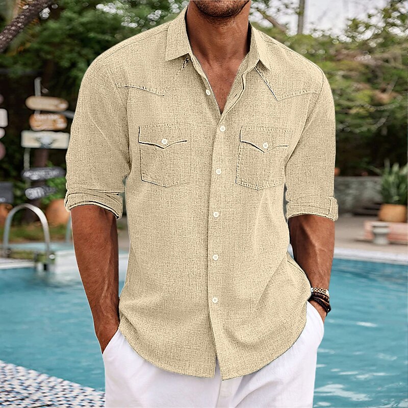 Men's Summer Western Shirt Long Sleeve Plain Lapel Casual Daily Pocket Shirt 