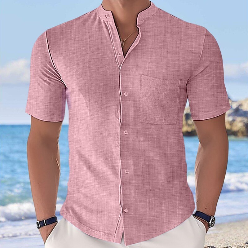 Men's Beach Casual Fashion Vacation Comfortable Light Front Pocket Plain Short Sleeves Shirt