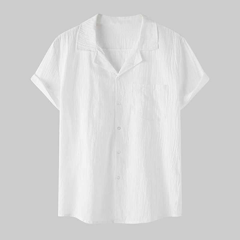 Men's Linen Shirt Summer Shirt Casual Shirt Cuban Collar Shirt Black White Yellow Short Sleeve Plain Lapel Spring & Summer Hawaiian Holiday Clothing Apparel Pocket