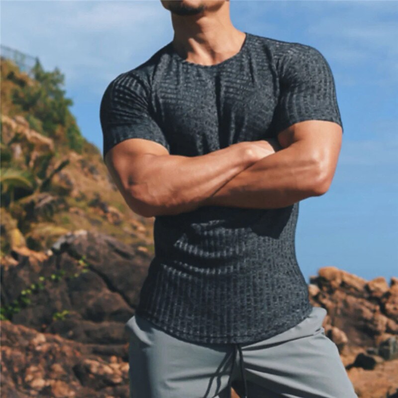 Men's T shirt Top Plain Stripes Crewneck Street Vacation Short Sleeves Clothing Basic Top