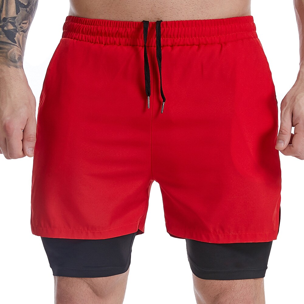 Men's Running Workout Shorts Side Pockets 2 in 1 Bottoms Athletic Breathable Moisture Wicking Soft Fitness Gym Workout Running Sportswear 