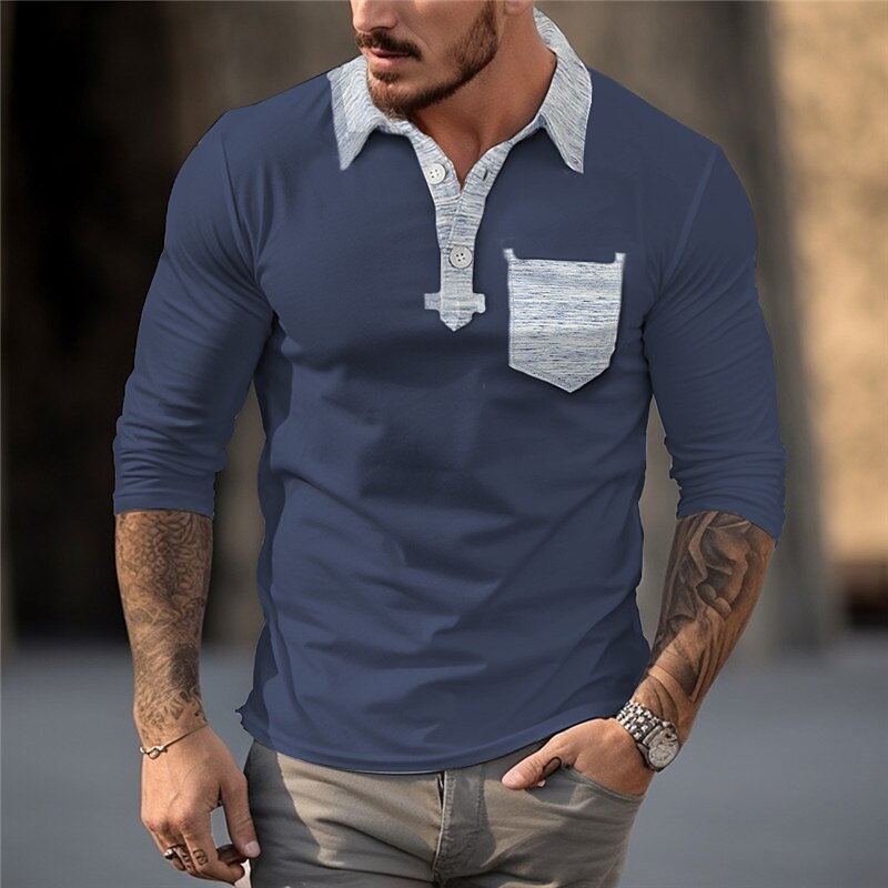 Men's  Polos Shirt Casual Sports Lapel Long Sleeve Fashion Basic Color Block Patchwork Button Up Polo Shirt