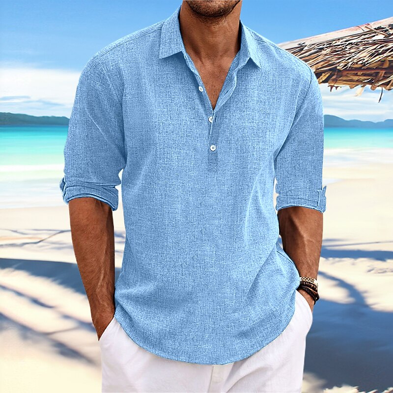 Men's Shirt Linen Shirt Summer Shirt Beach Shirt Black Blue Green Long Sleeve Plain Lapel Spring & Summer Casual Daily Clothing Apparel