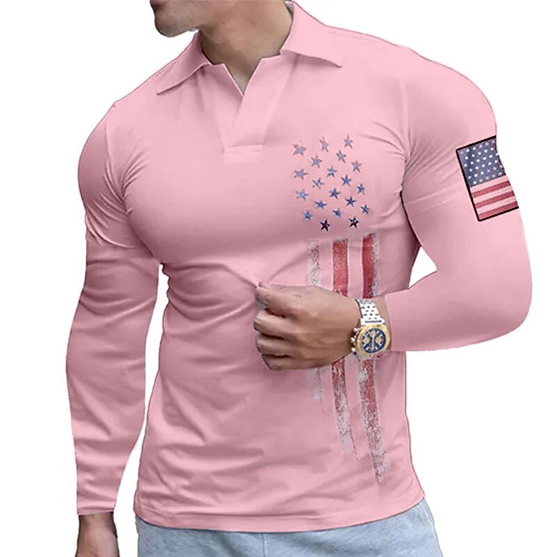 Men's Golf Shirt Polo Sports Fitness V Neck Classic Long Sleeve National Flag Muscle Flag Fashion Print Golf Shirt