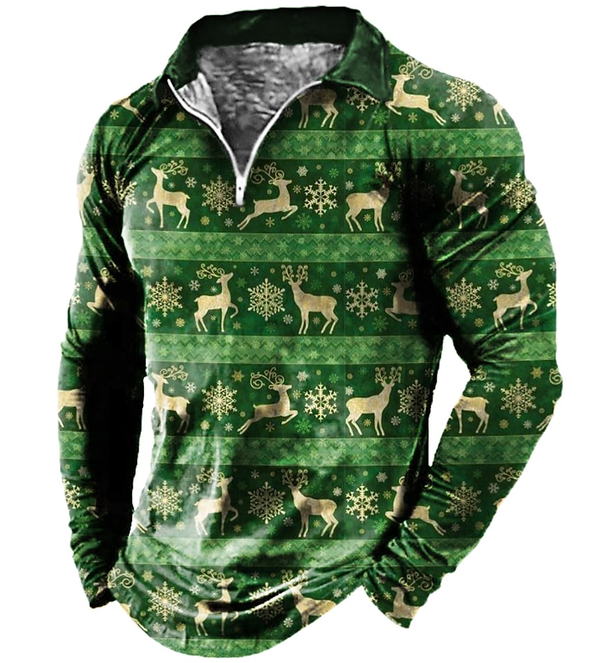 Men's Casual Turndown Christmas Print Long Sleeve Zipper Sweatshirt