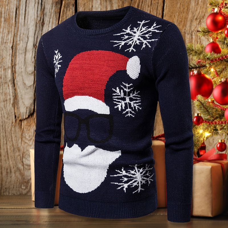 Men's Ugly Christmas Ribbed Knit Crew Neck Long Sleeve Basic Sweater