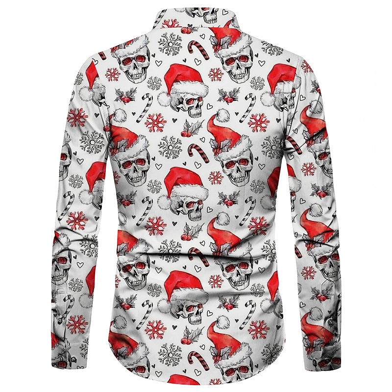 Men's White Skull Christmas Print Long Sleeve Button-Down Shirt