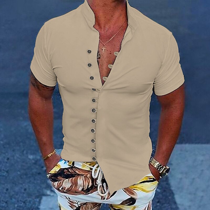 Men's Button Up Casual Summer Beach Shirt Short Sleeve Plain Stand Collar Daily Vacation Fashion Comfortable Shirt 