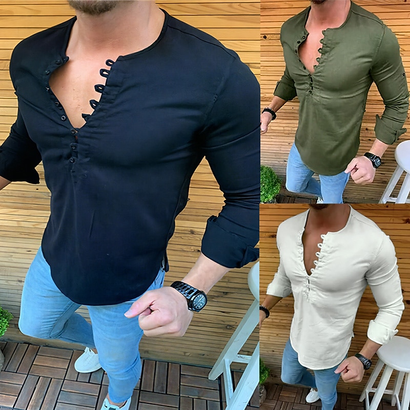 Men's Casual Shirt Summer Long Sleeve Plain Band Collar Daily Vacation Fashion Casual Comfortable Shirt 