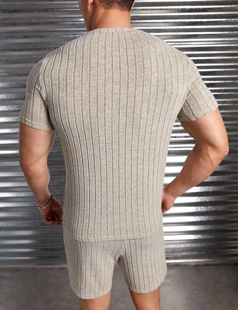 Men's T-shirt Suits Ribbed Knit Tee & Shorts Plain Crew Neck Daily Wear Vacation Short Sleeves Clothing Apparel Gymnatics Casual