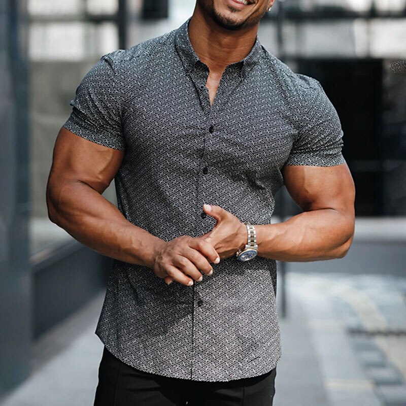 Men's Shirt Button Up Shirt Short Sleeve Geometric Striped Shirt