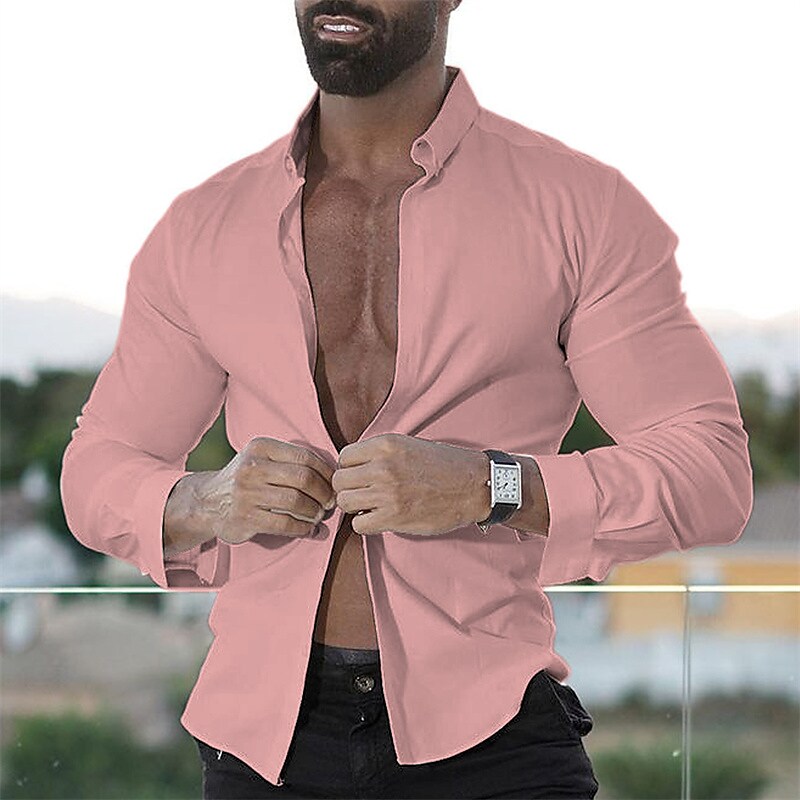 Men's Button Up Casual Shirt Plain Lapel Outdoor Street Long Sleeve Cl