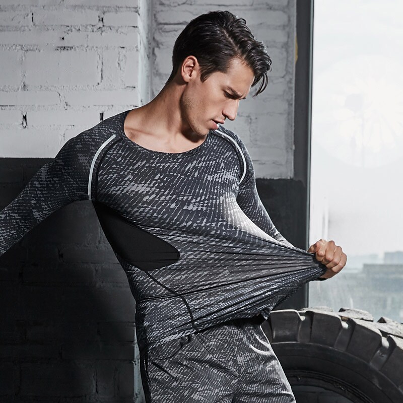 Men's Compression Running Patchwork Long Sleeve Athletic Breathable Quick Dry Soft Running Jogging Training Sportswear 