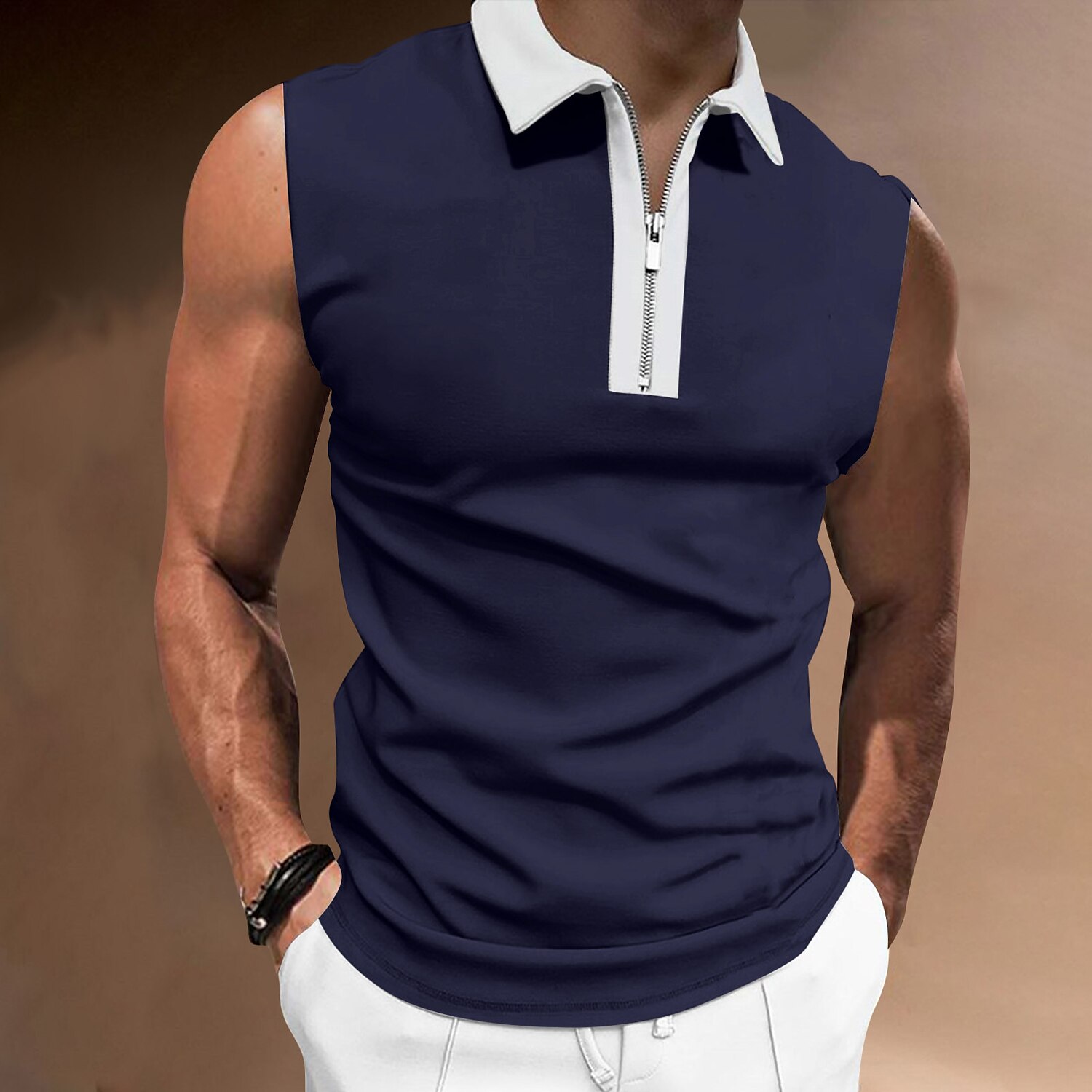 Men's Polo Shirt Golf Shirt Casual Holiday Lapel Quarter Zip Sleeveless Fashion Basic Plain Quarter Zip Summer Polo Shirt