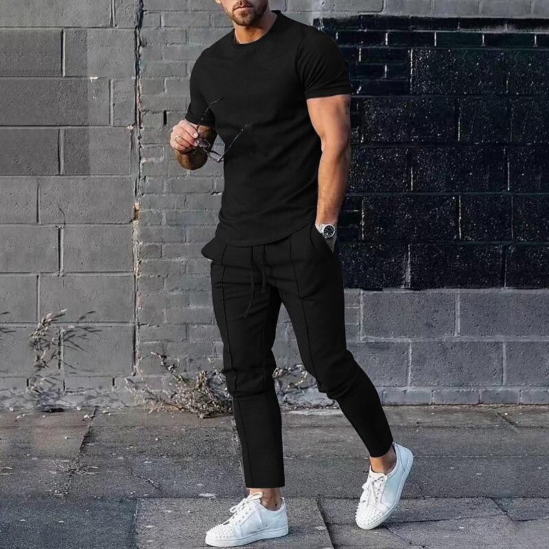 Men's Solid Color Crew Neck Shirt Pocket Elastic Pant Sport Set