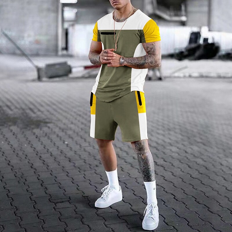Men's Shorts and T Shirt Set Outfits Block Crew Neck Print Outdoor Dai