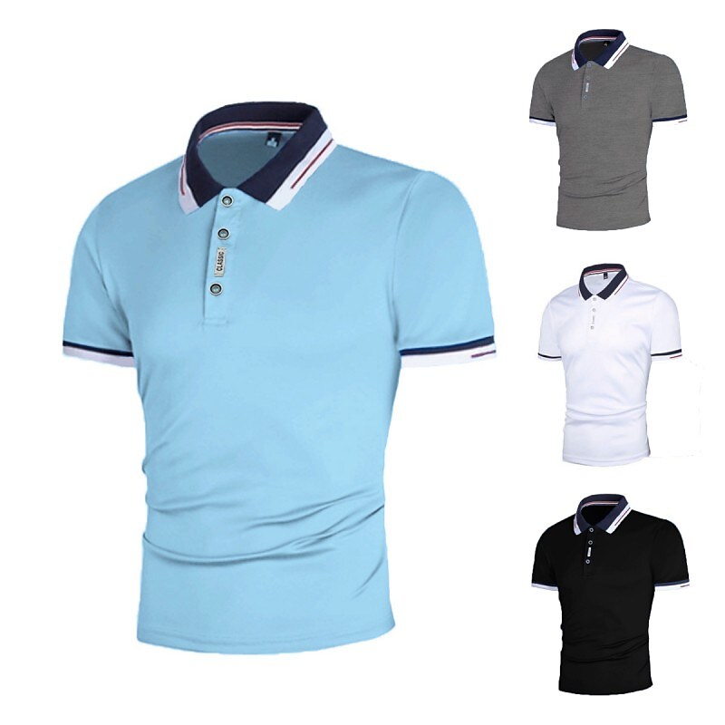 Men's Polo Golf Shirt Outdoor Daily Polo Collar Ribbed Polo Collar Short Sleeve Casual Solid Color Button Front Regular Fit Polo