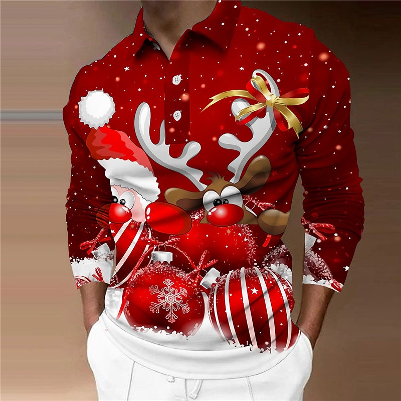 Men's Street 3D Christmas Print Turndown Long Sleeve Polo Shirt