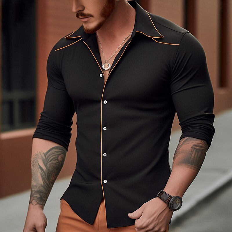 Men's Button Up Casual Summer Shirt Long Sleeve Color Block Lapel Daily Vacation Clothing Casual Comfortable Top