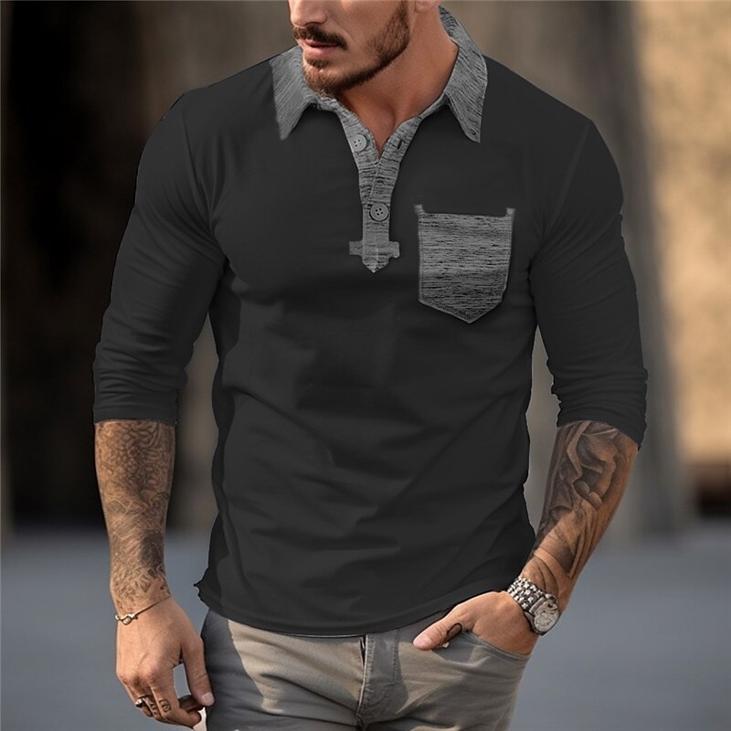 Men's  Polos Shirt Casual Sports Lapel Long Sleeve Fashion Basic Color Block Patchwork Button Up Polo Shirt