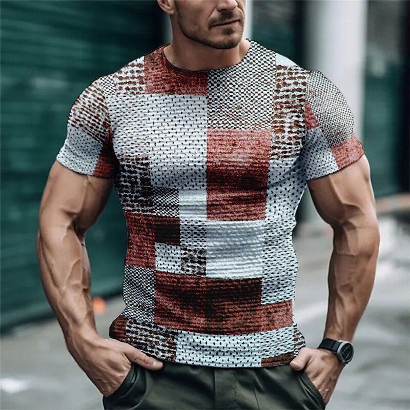 Men's Waffle T Shirt Graphic Color Block Plaid / Check Crew Neck 3D Print Outdoor Street Short Sleeve Fashion Casual Top
