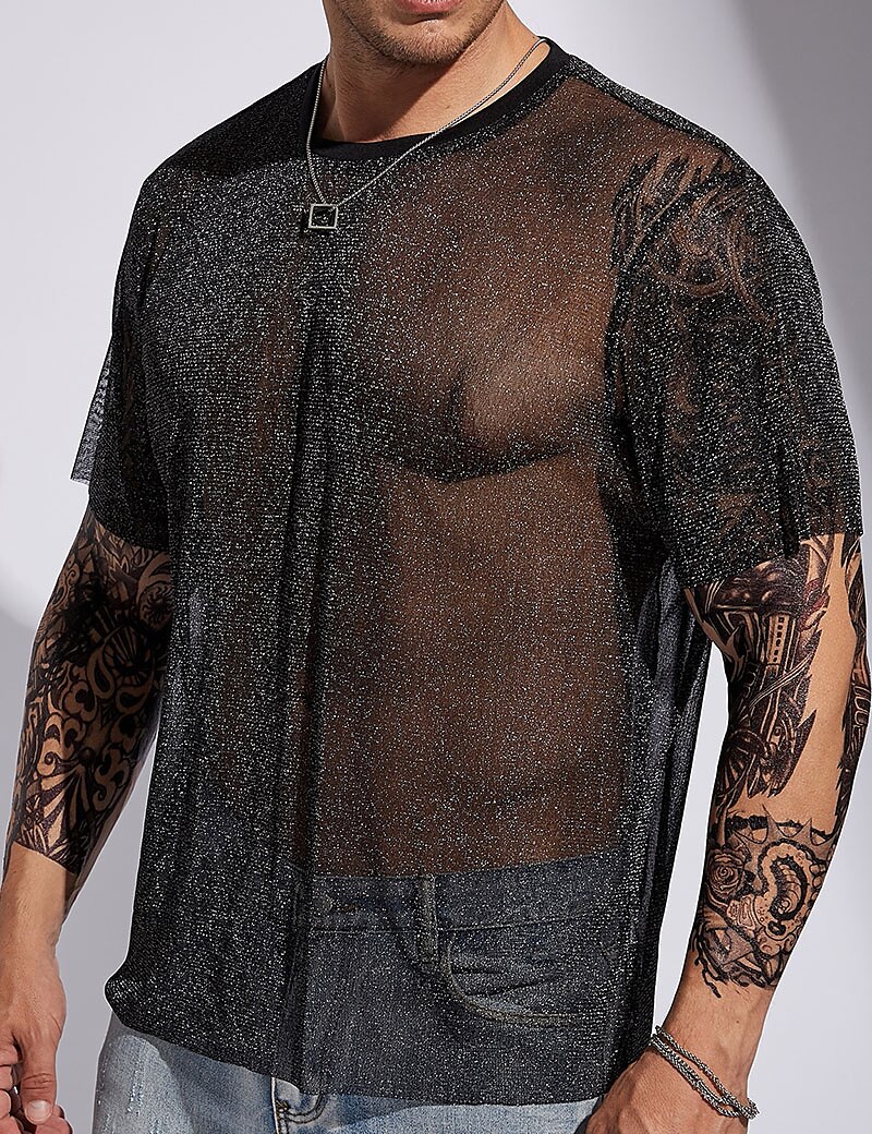 Men's T shirt Solid Glitter Plain Crew Neck Street Vacation Short Sleeve Basic Tee 