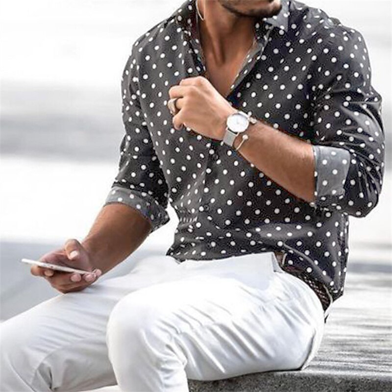 Men's Summer Hawaiian Button Up Shirt Long Sleeve Polka Dot Turndown Outdoor Street Button-Down Casual Breathable Comfortable Shirt 