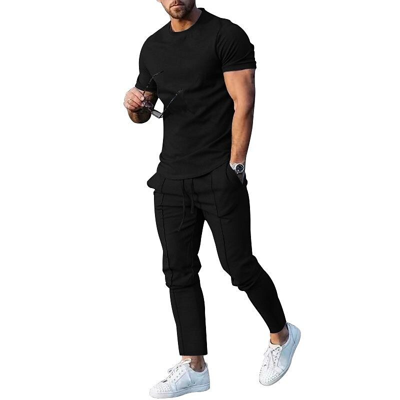 Men's Solid Color Crew Neck Shirt Pocket Elastic Pant Sport Set