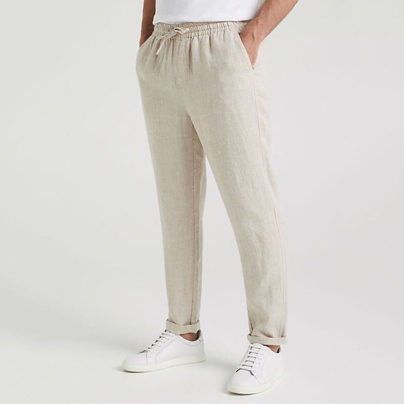 Men's Linen Summer Pants Pocket Drawstring Elastic Waist Plain Comfort Breathable Casual Daily Holiday Linen / Cotton Blend Pants