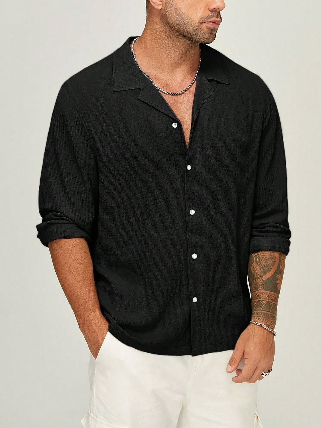 Men's Button Up Shirt  Casual Shirt Long Sleeve Plain Camp Collar Daily Vacation Casual Comfortable Shirt 