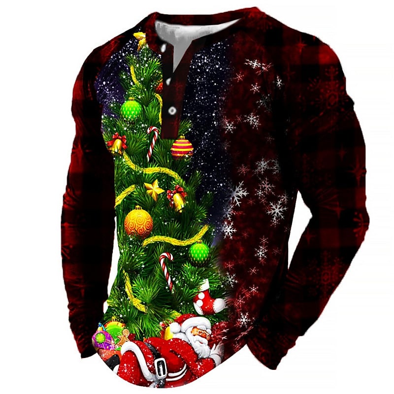 Men's Casual 3D Print Christmas Button Long Sleeve Henley Shirt