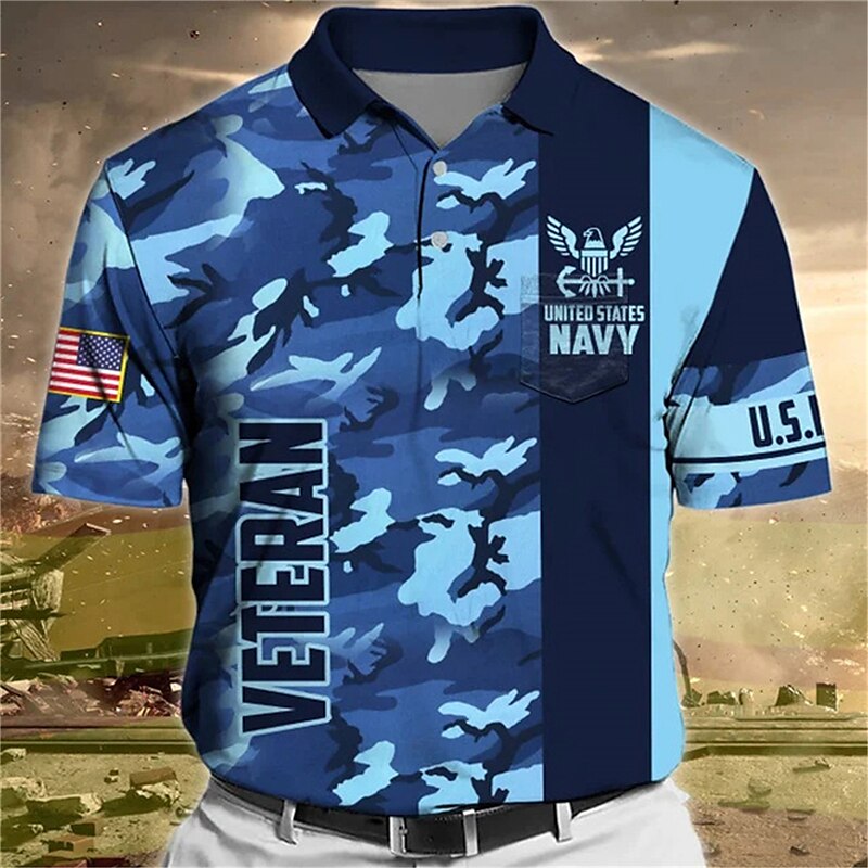 Men's Button Up Polo Shirt  Graphic Prints Camo / Camouflage Veterans Turndown Outdoor Street Short Sleeves Print Sports Golf Shirt