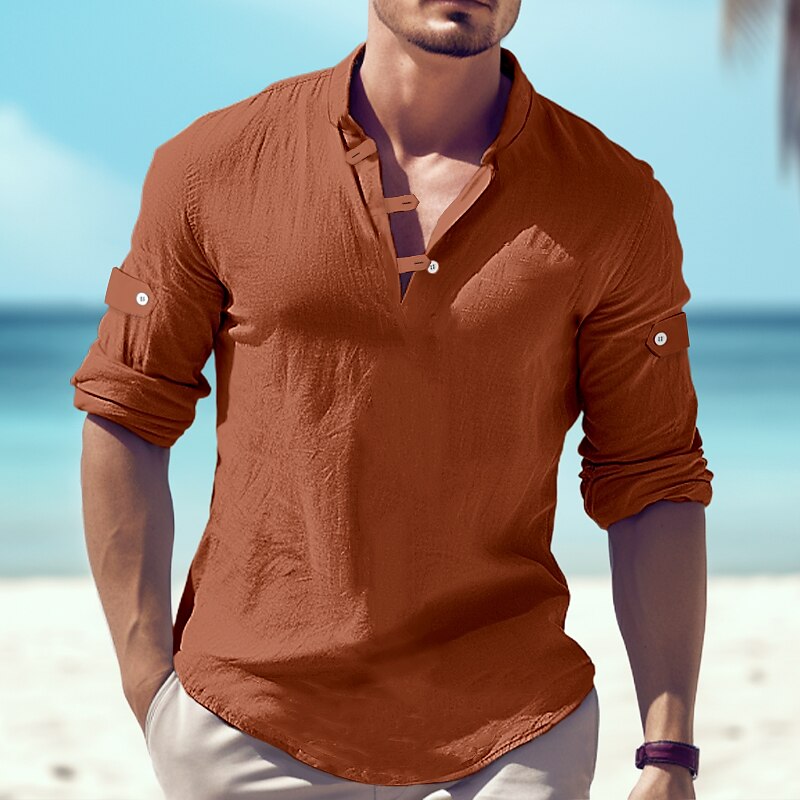 Men's Shirt Linen Shirt Popover Shirt Summer Shirt Long Sleeve Plain Henley Spring & Summer Casual Daily Top