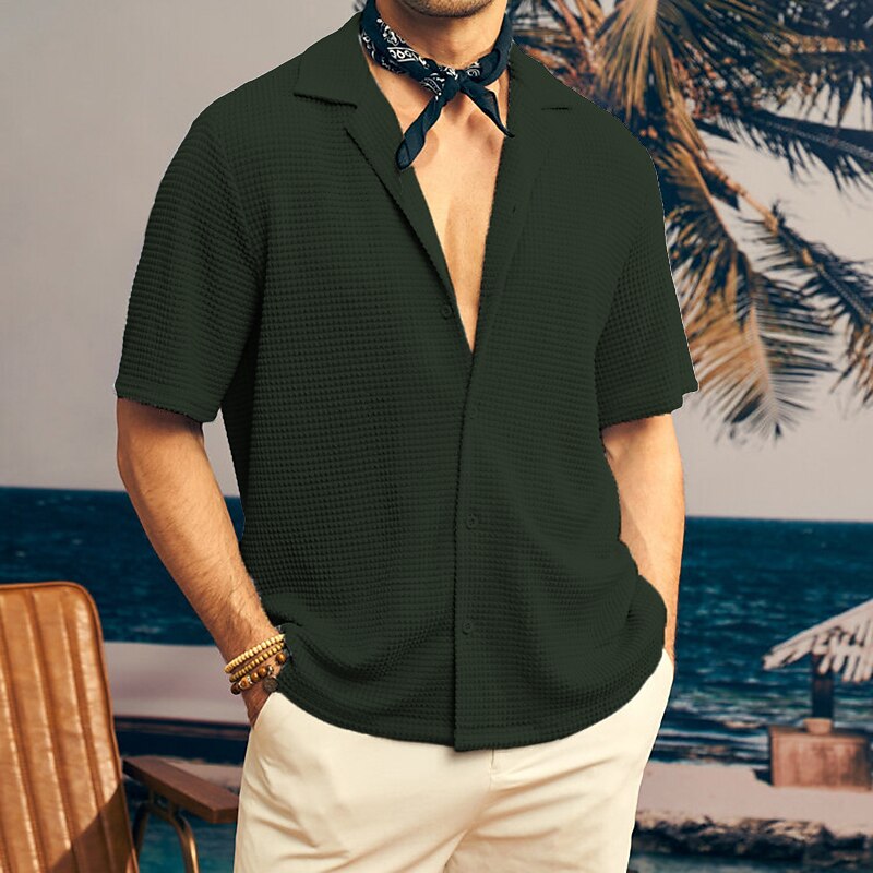 Men's Button Up Casual Shirt Waffle Henley Shirt Short Sleeve Plain Collar Daily Vacation Casual Comfortable Shirt 