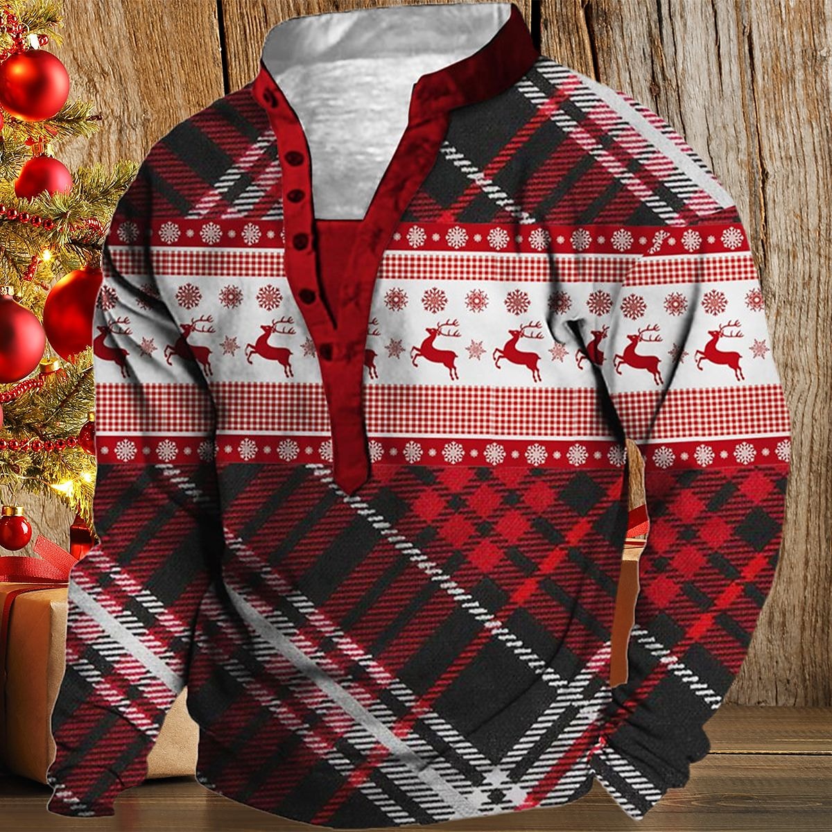 Men's Casual Red Christmas Print Stand Collar Hooded Sweatshirt