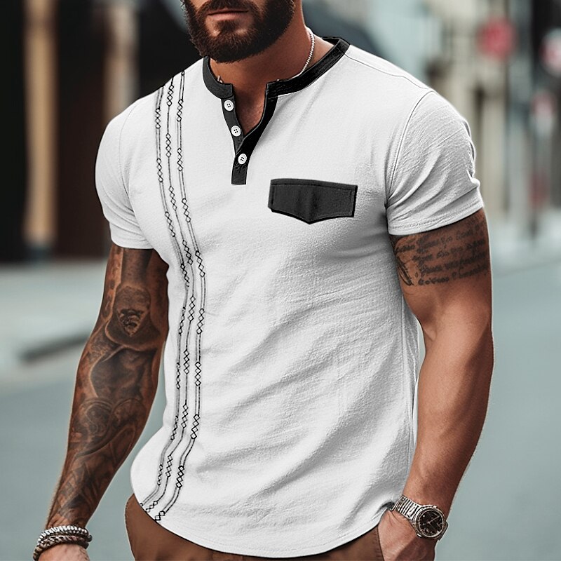 Men's Henley Shirt Tee Top Patchwork Embroidery Henley Street Vacation Short Sleeves Clothing Apparel Fashion Designer Basic Top