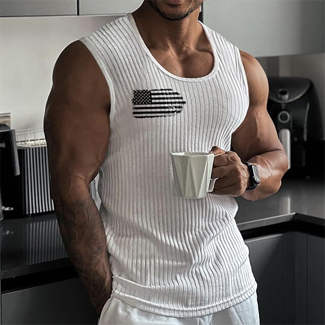 Men's Vest American Flag Crew Neck Outdoor Casual Print Cotton Cool Simple Casual Muscle Top